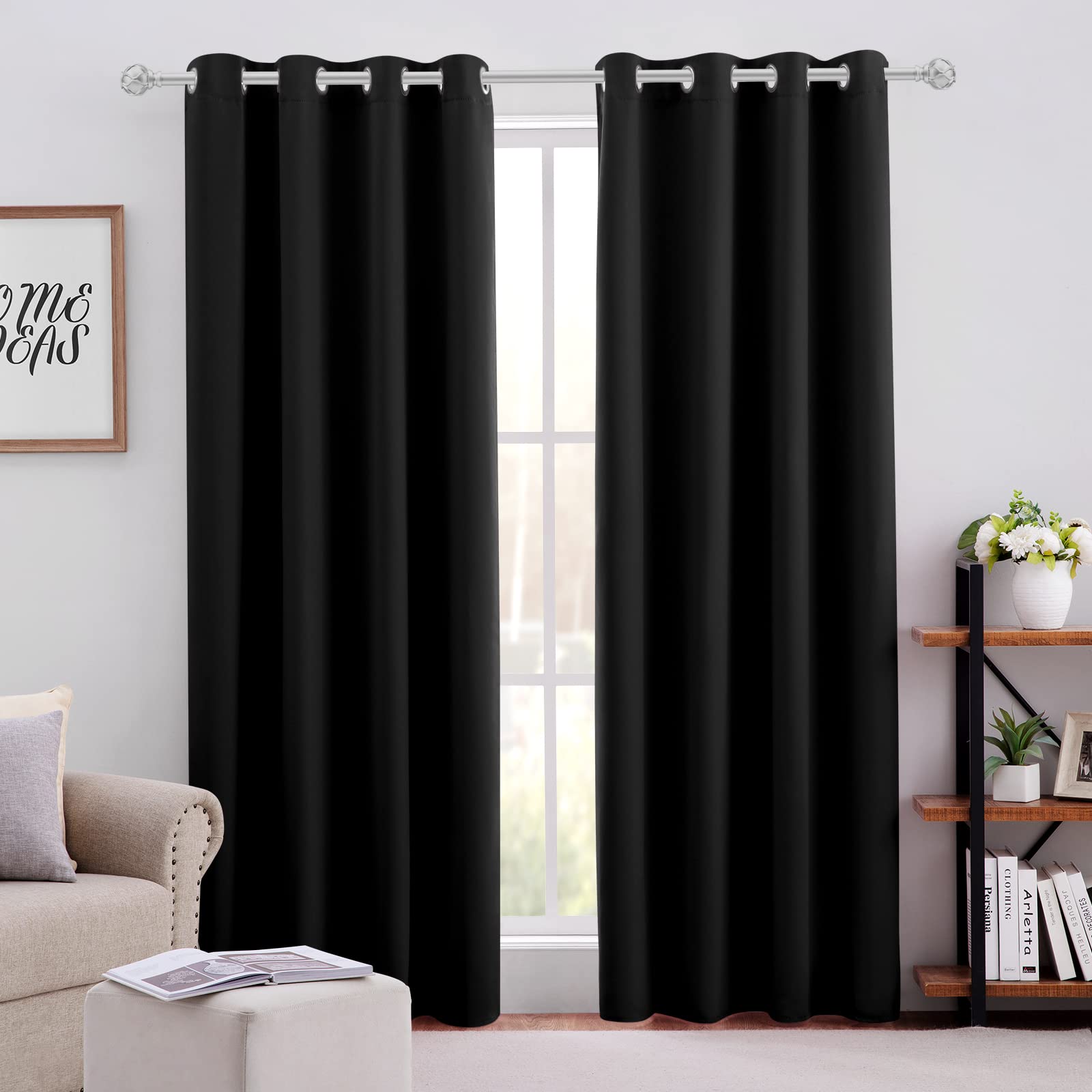Homeideas Blackout Curtains For Bedroom 52 X 96 Inch Long 2 Panels Set Black Room Darkening Curtains/Drapes, Soundproof Thermal